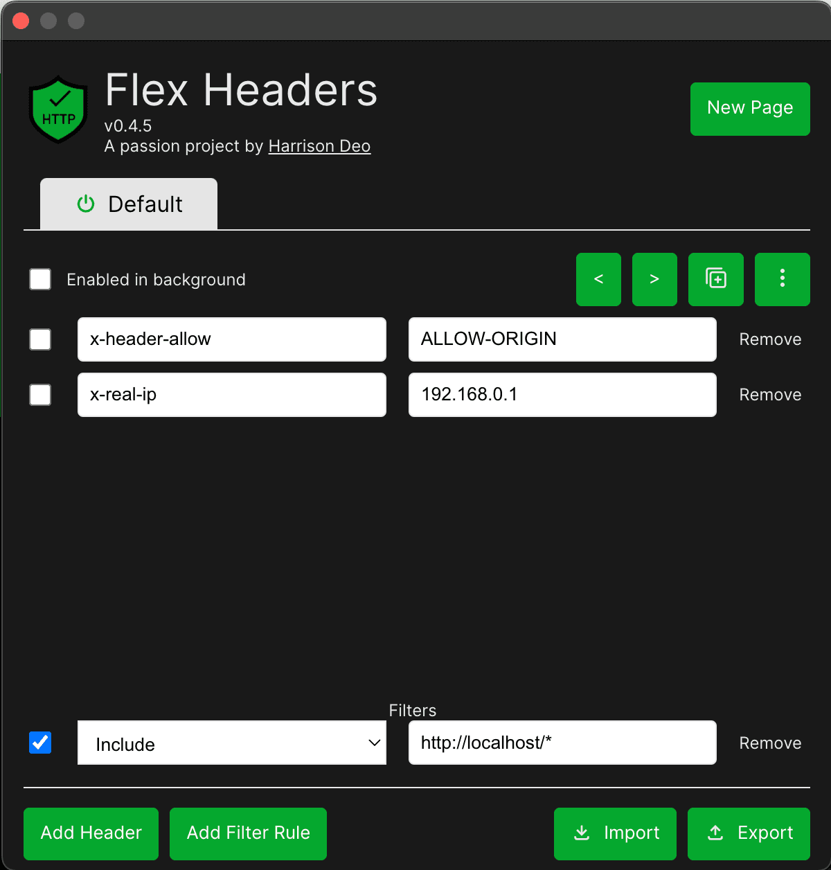 Flex Headers version 0.4.5 in 2023: a single Default page with two headers and one filter